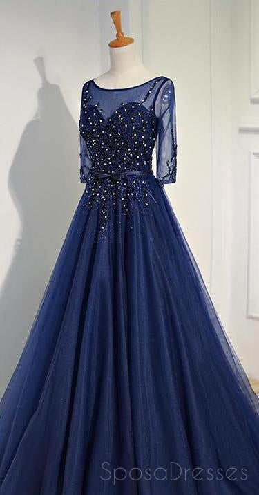 Sexy See Through Long Sleeve Navy Lace Beaded Long Evening Prom Dresses, Popular Cheap Long 2018 Party Prom Dresses, 17231