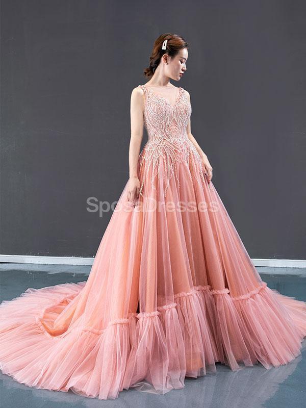 Peach Scoop Beaded Ruffle Long Evening Prom Dresses, Evening Party Prom Dresses, 12255