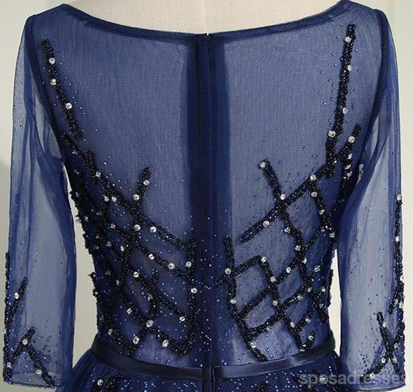 Sexy See Through Long Sleeve Navy Lace Beaded Long Evening Prom Dresses, Popular Cheap Long 2018 Party Prom Dresses, 17231