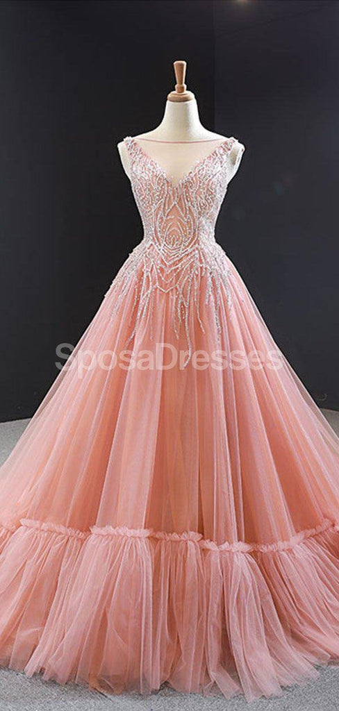 Peach Scoop Beaded Ruffle Long Evening Prom Dresses, Evening Party Prom Dresses, 12255