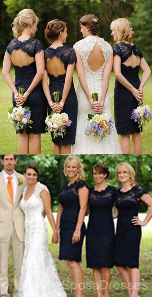 Charming Elegant Lace Navy Blue Knee-Length Cheap Bridesmaid Dresses, WG095