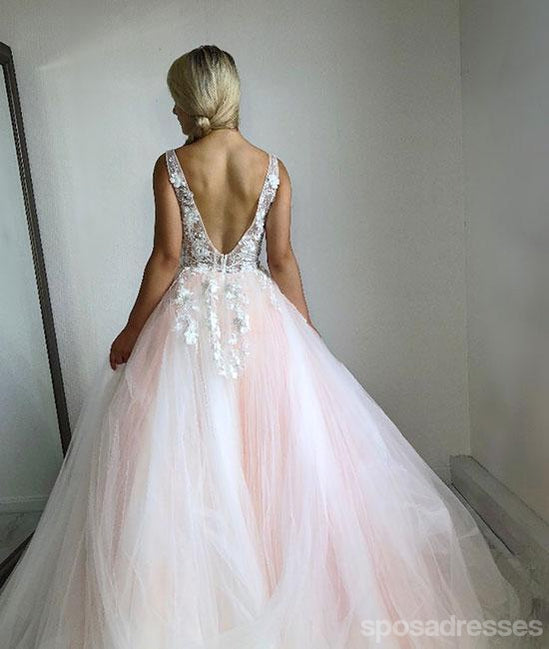 V Neck Lace Peach Tulle A-line Long Evening Prom Dresses, Cheap Sweet 16 Dresses, 18429