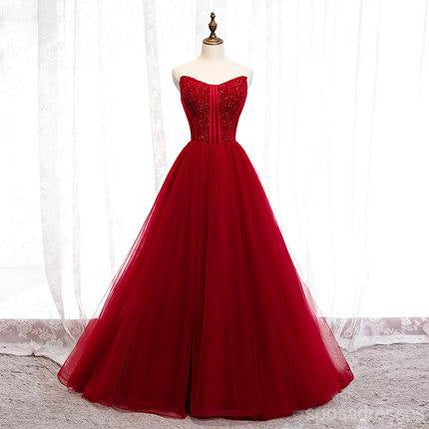 Red Tulle A-line Cheap Long Evening Prom Dresses, Sweet 16 Prom Dresses, 12352