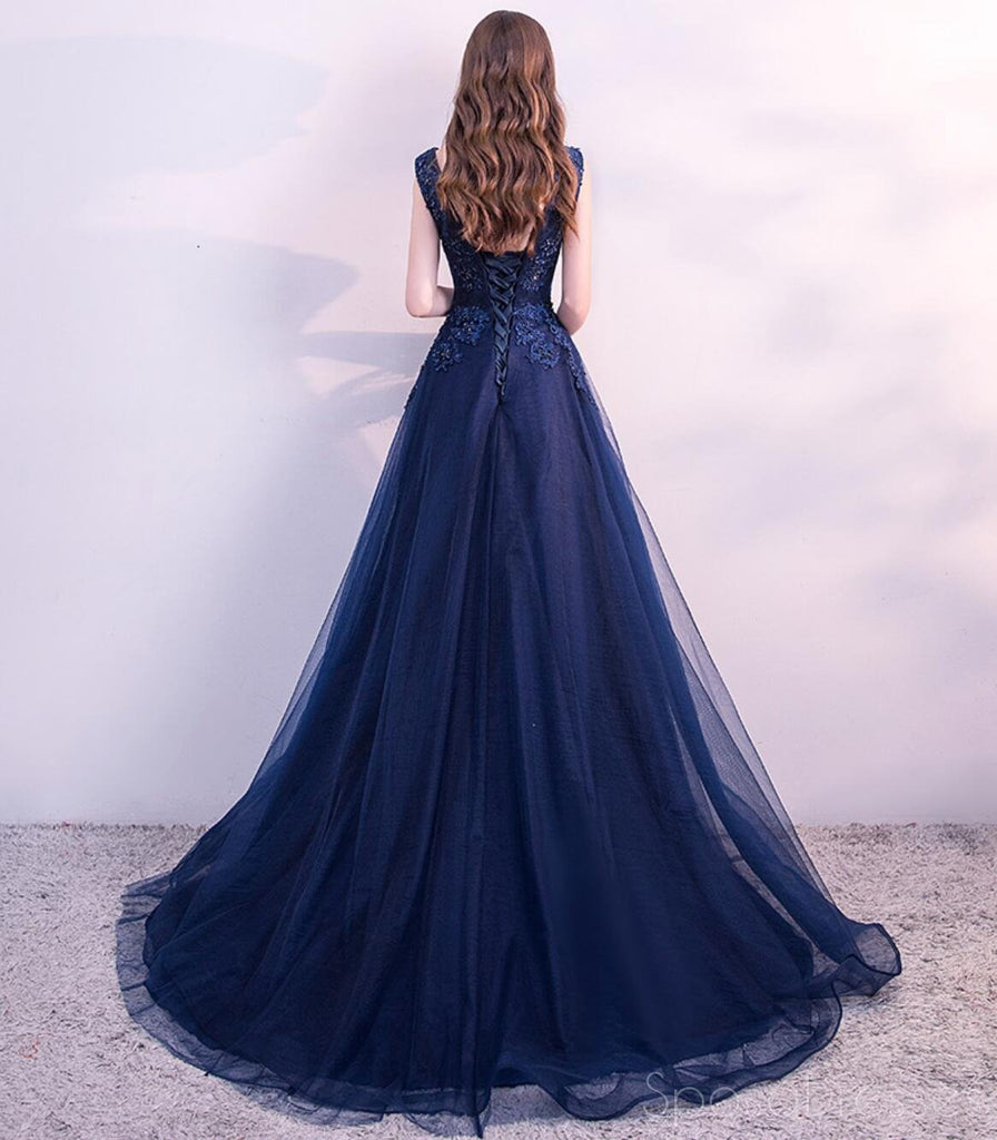 Scoop Navy Lace Beaded Long Evening Prom Dresses, Cheap Custom Sweet 16 Dresses, 18525