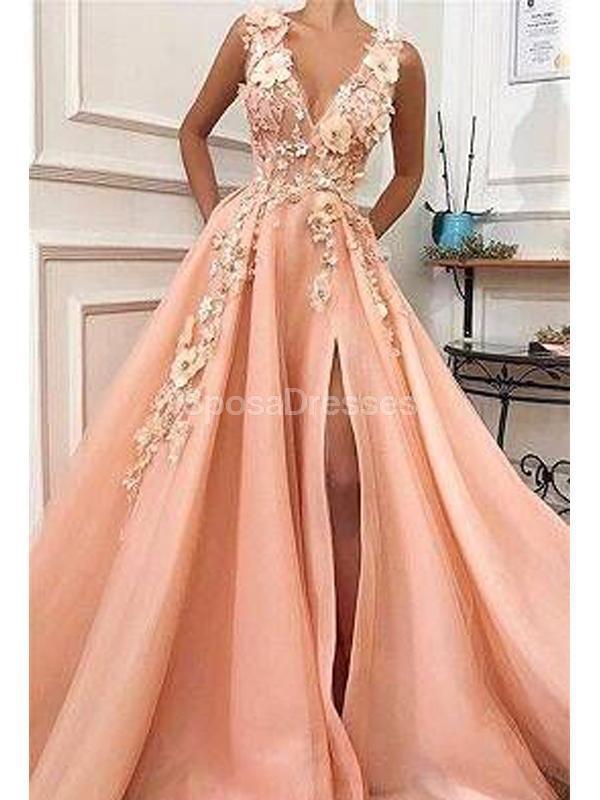 Peach Side Slit Applique Beaded Long Evening Prom Dresses, Evening Party Prom Dresses, 12222