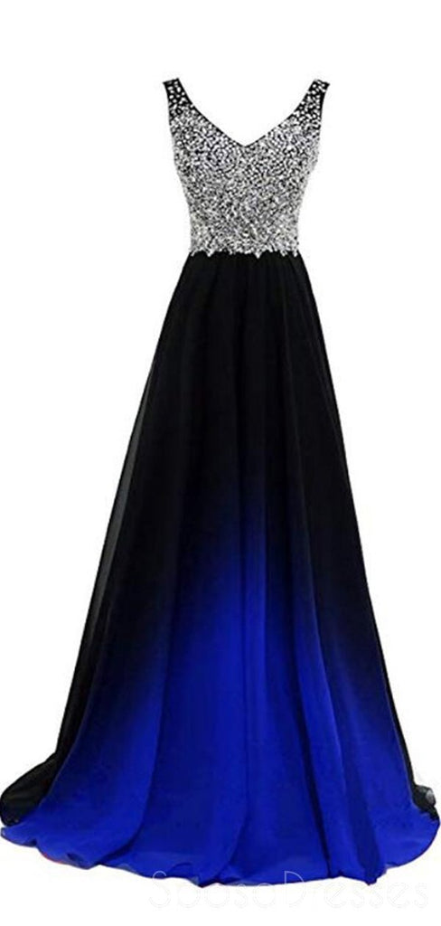 V Neck Beaded Chiffon Ombre Cheap Long Evening Prom Dresses, Custom Sweet16 Dresses, 18400