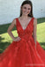 Red A-line V-neck Cheap Long Prom Dresses, Evening Party Dresses,12885