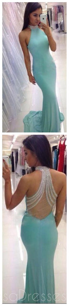 High Neck Tiffany Blau Sexy Open Back Meerjungfrau Lang Party Abendkleid, 2017 Billig Prom Kleider,PD0030