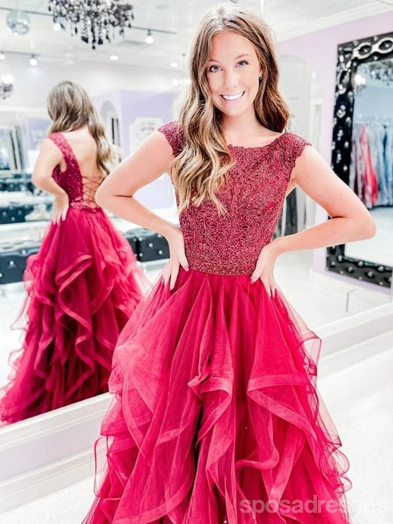 Red A-line Jewel Backless Long Prom Dresses Online,Dance Dresses,12664