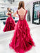 Red A-line Jewel Backless Long Prom Dresses Online,Dance Dresses,12664