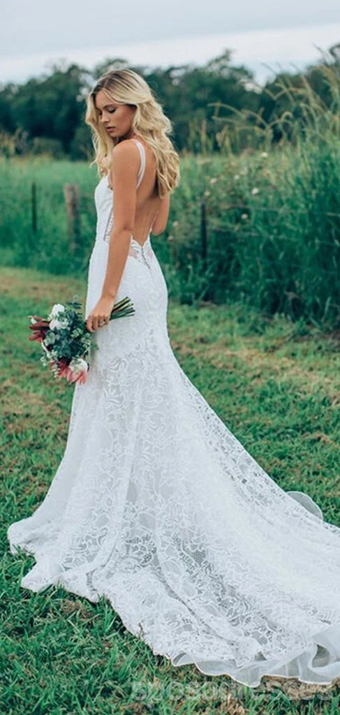 Straps V-neck Backless Long Mermaid Handmade Lace Wedding Dresses,WD782