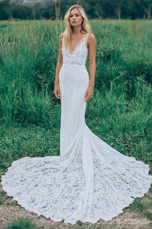 Straps V-neck Backless Long Mermaid Handmade Lace Wedding Dresses,WD782