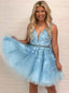 V Neck Blue Lace Cheap Short Homecoming Dresses Online, CM663