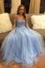 Off Shoulder Beading Blue A-line Custom Long Evening Prom Dresses, 17384