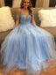 Off Shoulder Beading Blue A-line Custom Long Evening Prom Dresses, 17384