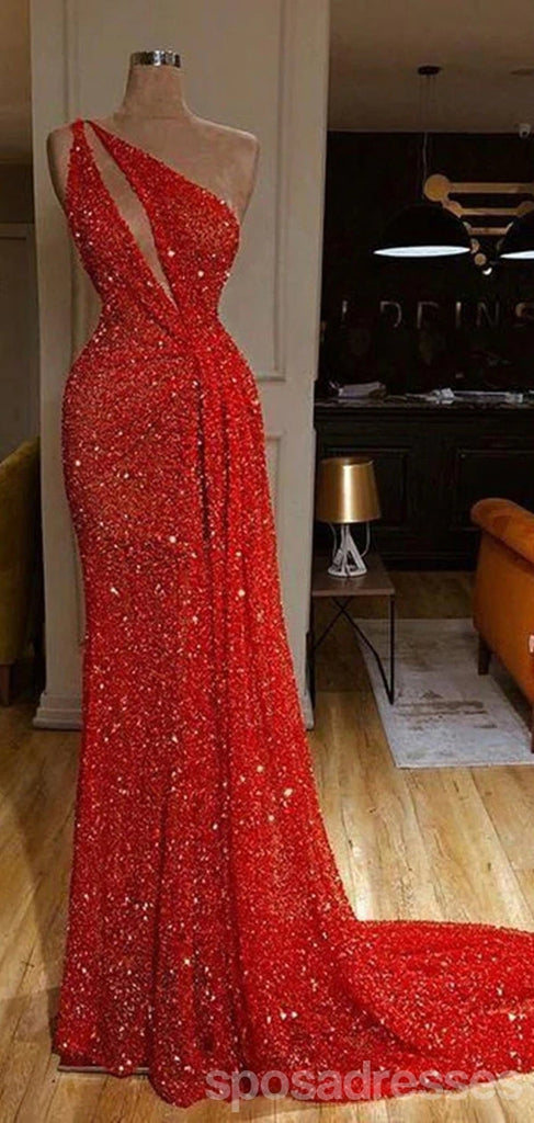 Shiny Mermaid One Shoulder Red Long Prom Dresses,Evening Party Dresses,12852