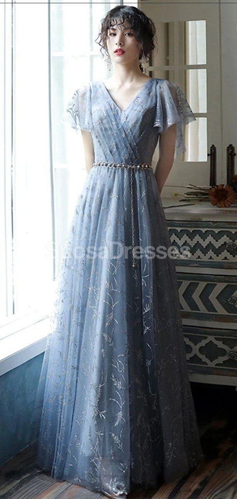 Short Sleeves Grey Lace Long Evening Prom Dresses, Evening Party Prom Dresses, 12218