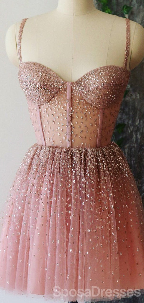 Straps Rhinestone See Through Dusty Pink Homecoming Dresses Online, Cheap Short Prom Dresses, CM819