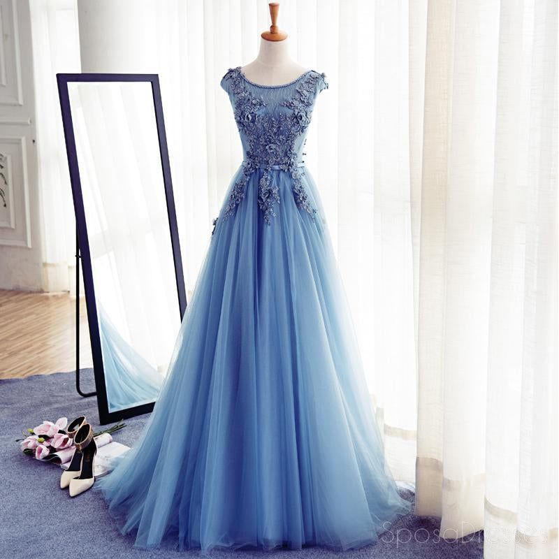 Cap Sleeve Blue Lace Beaded Evening A Line Prom Dresses, Long Sexy Party Prom Dresses, vestiduras de baile largas personalizadas, vestidos formales baratos, 17133