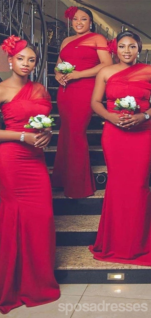 Sexy Mermaid Red One Shoulder Tulle Long Bridesmaid Dresses Gown Online,WG1047