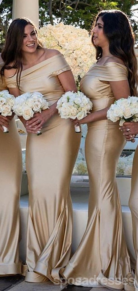 Champagne Gold Off Shoulder Mermaid Cheap Bridesmaid Dresses,WG566