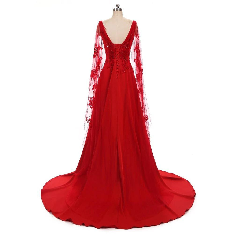 Red A-line Long Sleeves V-neck Cheap Prom Dresses Online,Dance Dresses,12578