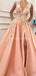 Peach Side Slit Applique Beaded Long Evening Prom Dresses, Evening Party Prom Dresses, 12222