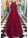 Halter Lace Red Ruffle Long Evening Prom Dresses, Cheap Custom Party Prom Dresses, 18597