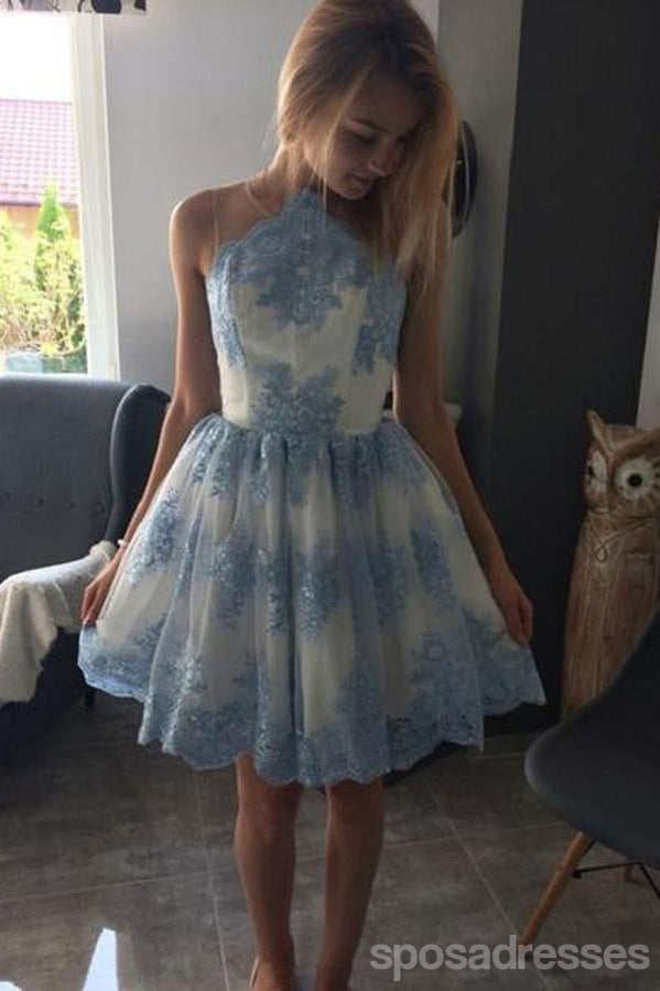 Blue Lace Scoop Neck See Through Cheap Homecoming Dresses 2018, CM414