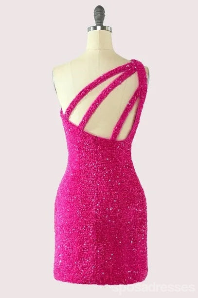 Hot Pink One Shoulder Short Homecoming Dresses,Cheap Short Prom Dresses,CM880