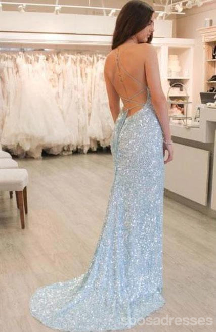 Sexy Backless Light Blue Mermaid Long Evening Prom Robes, Robes de bal soirée, 12167