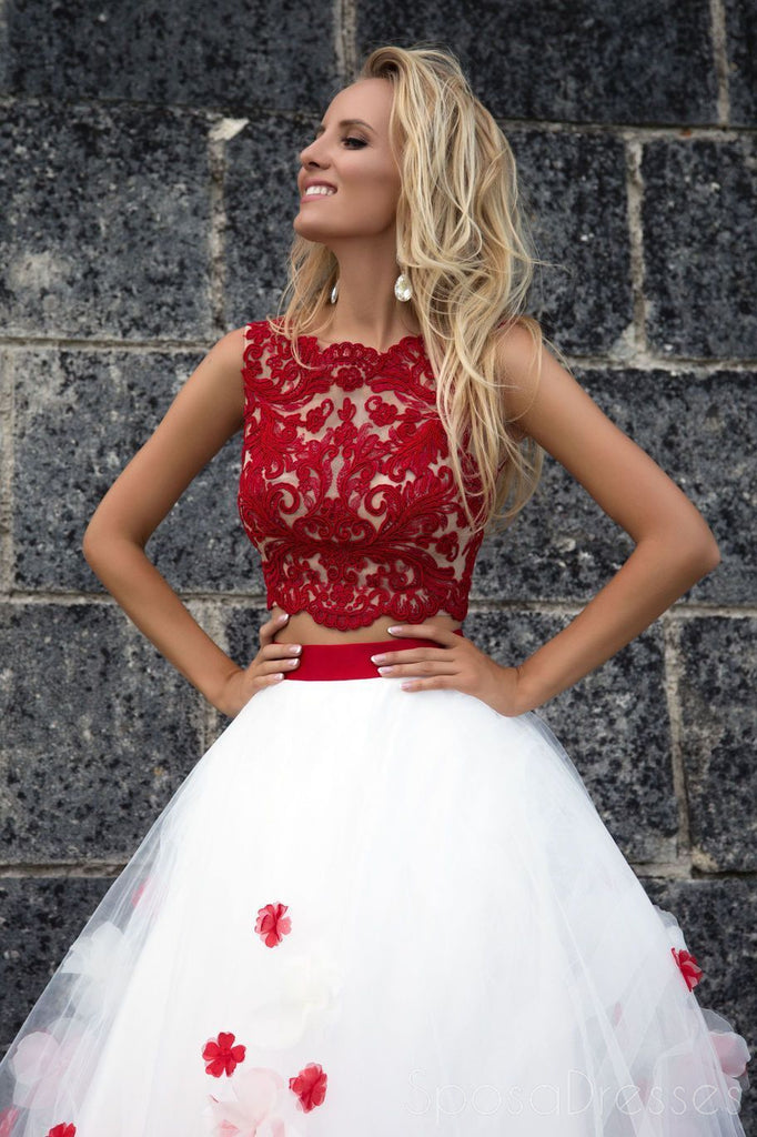 Sexy Two Pieces Red Lace White Skirt A line Long Custom Evening Prom Dresses, 17411