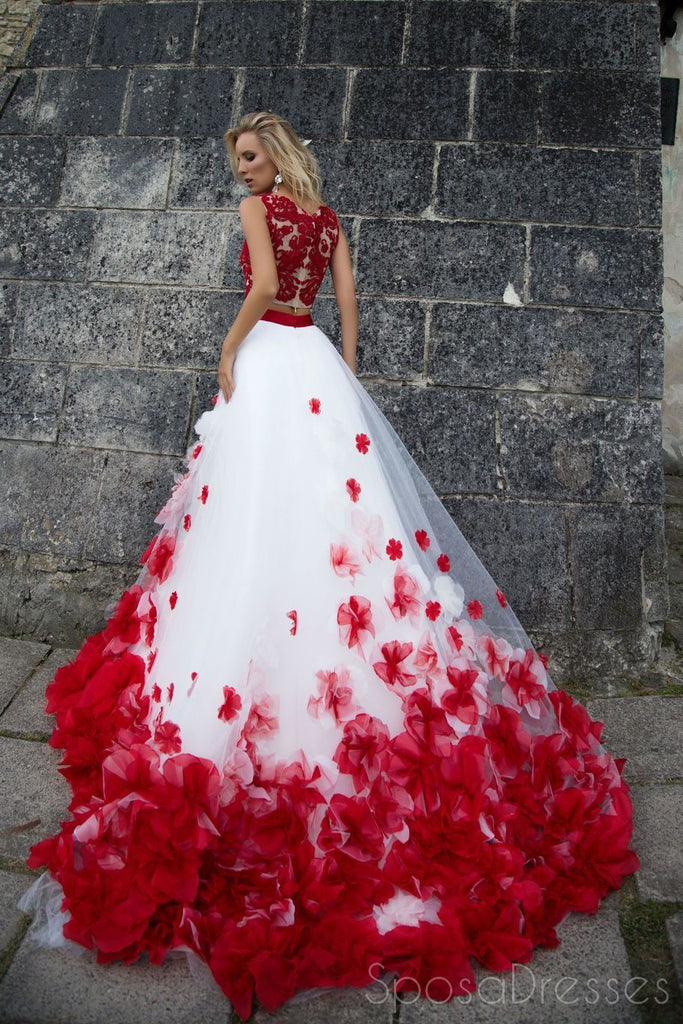 Falda blanca de encaje rojo de dos piezas sexy Una línea de vestidos de fiesta largos de noche personalizados, 17411