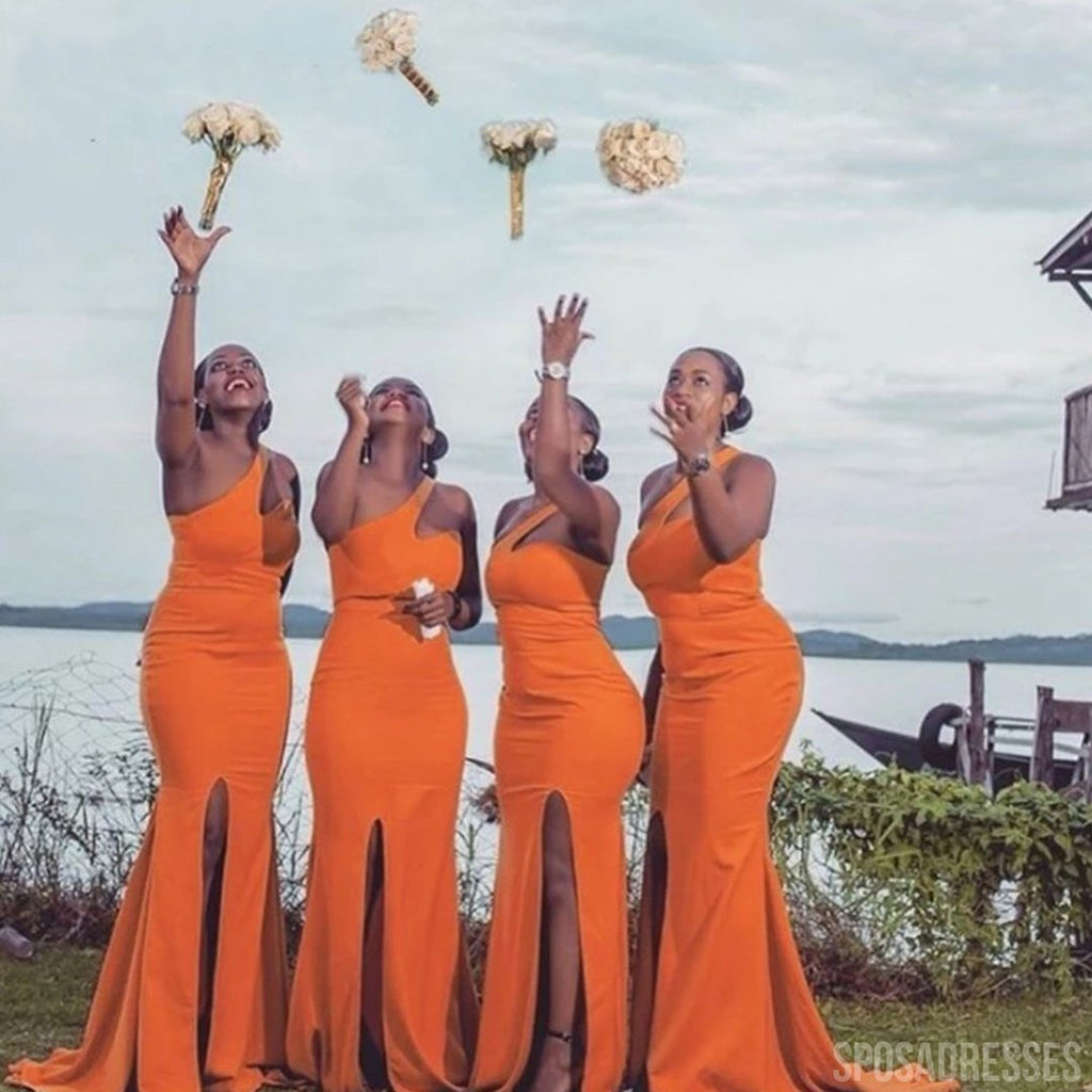 Sexy Mermaid One Shoulder Orange High Slit Long Bridesmaid Dresses Online,WG972