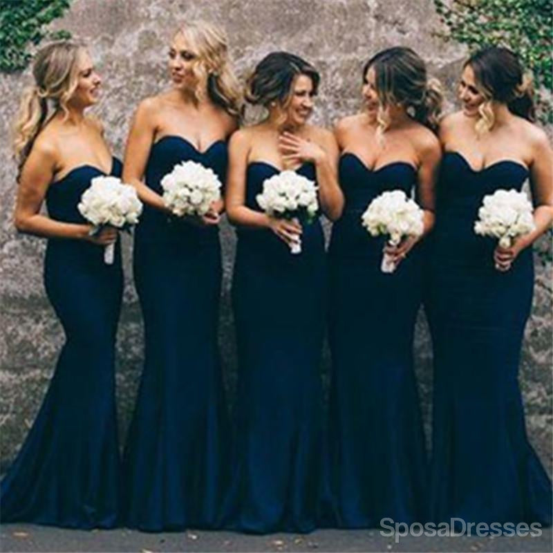 Women Elegant Cheap Sweet Heart Navy Mermaid Long Bridesmaid Dresses, WG151