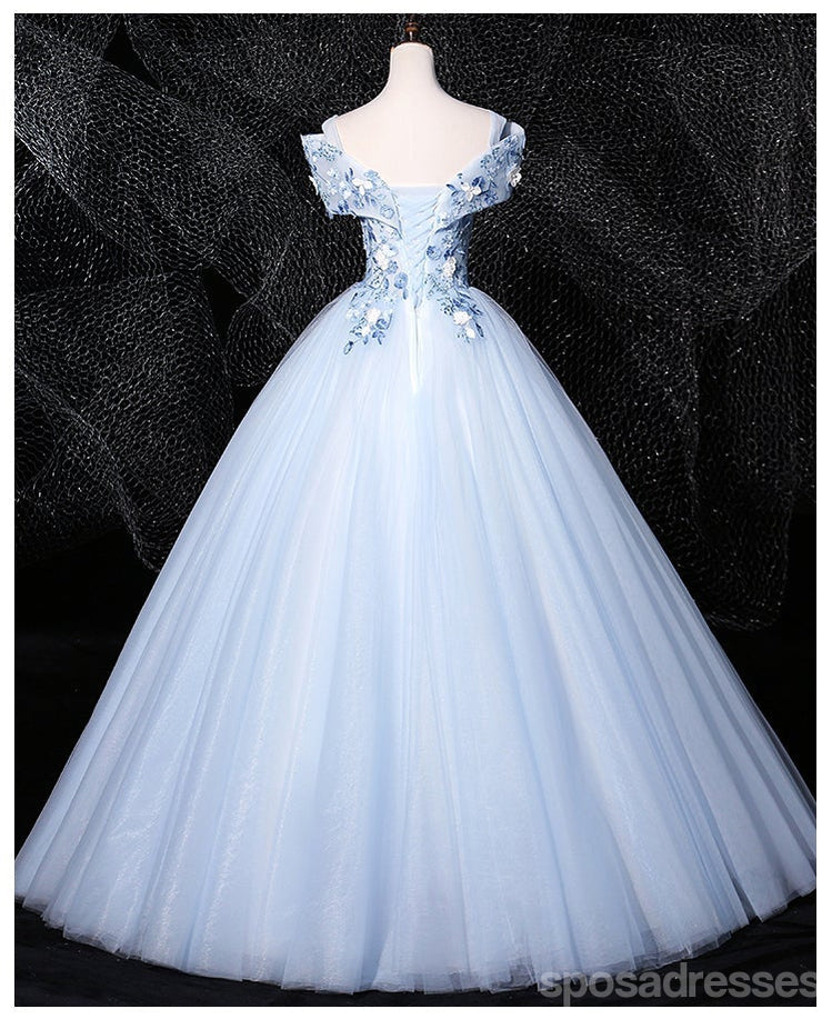 Floral Blue A-line Off Shoulder Long Prom Dresses Online, Dance Dresses,12796