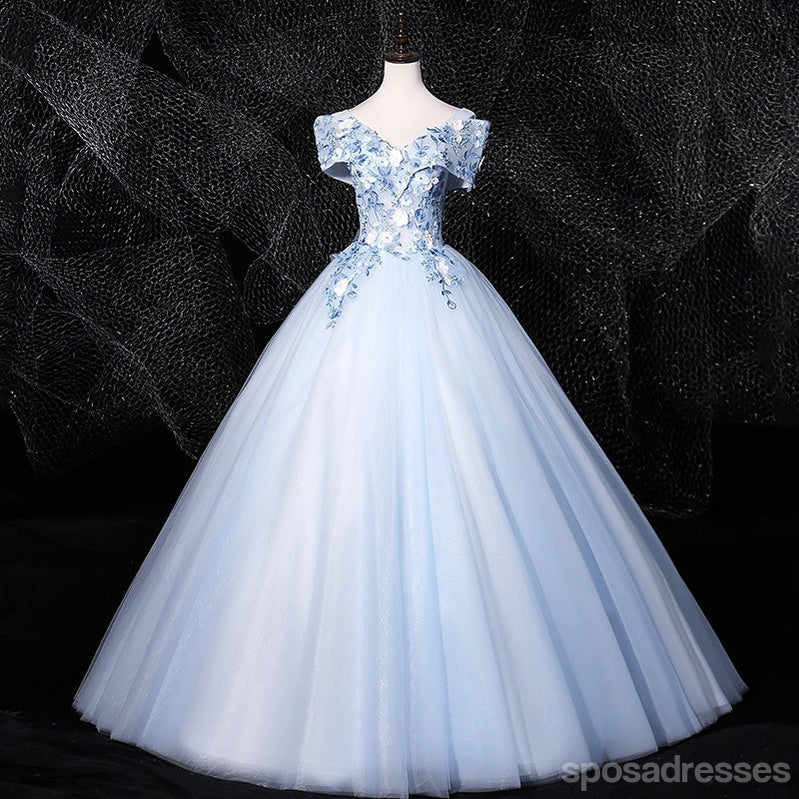 Floral Blue A-line Off Shoulder Long Prom Dresses Online, Dance Dresses,12796