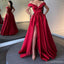 Simple Red A-line Off Shoulder High Slit V-neck Long Prom Dresses Online,12663