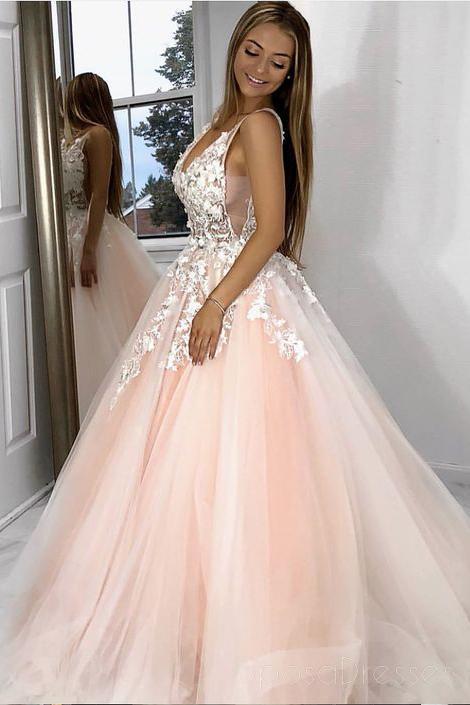 Sexy See Through Lace Applique Pale Pink A line Long Custom Evening Prom Dresses, 17450