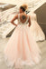 Sexy See Through Lace Applique Pale Pink A line Long Custom Evening Prom Dresses, 17450