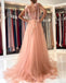 Peach Pink A-line High Slit See Through Long Prom Dresses Online,Dance Dresses,12669