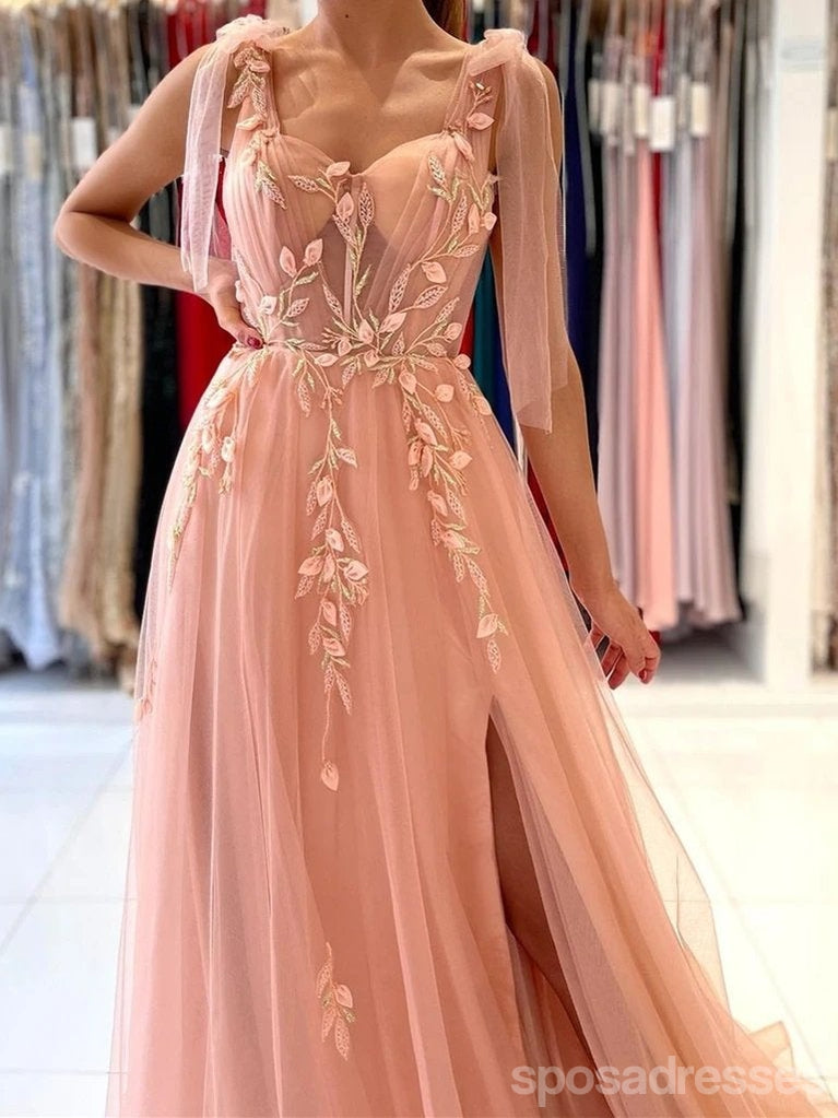 Peach Pink A-line High Slit See Through Long Prom Dresses Online,Dance Dresses,12669