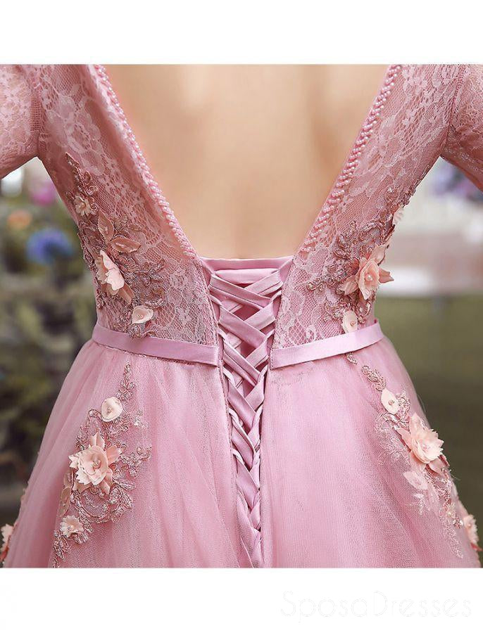 Long Sleeve Pink Lace A line Long Evening Prom Dresses, Popular Cheap Long Party Prom Dresses, 17310