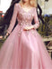 Long Sleeve Pink Lace A line Long Evening Prom Dresses, Popular Cheap Long Party Prom Dresses, 17310