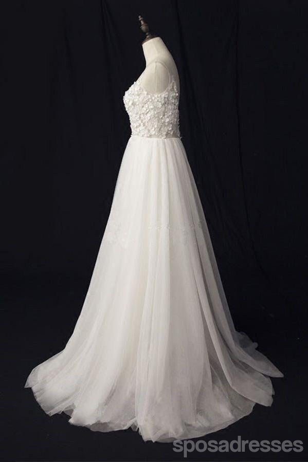 See Through V Neck Lace Cheap Custom A-line Long Wedding Bridal Dresses, WD290