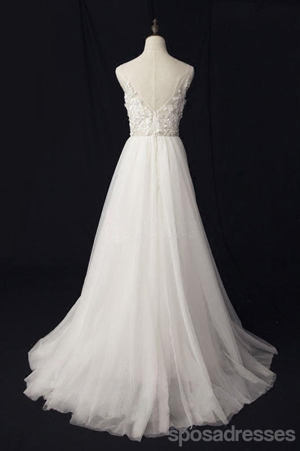 See Through V Neck Lace Cheap Custom A-line Long Wedding Bridal Dresses, WD290