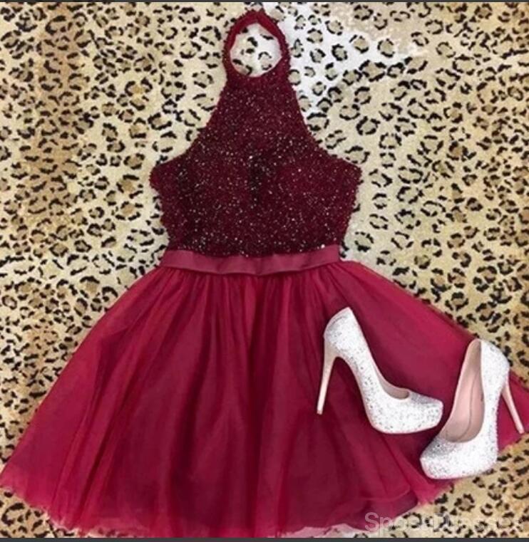 Halter Vestidos de regreso al hogar baratos de tul rojo oscuro cortos en línea, CM834