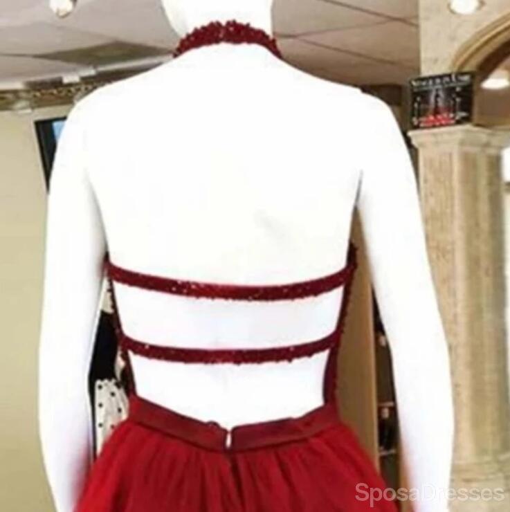 Halter Vestidos de regreso al hogar baratos de tul rojo oscuro cortos en línea, CM834