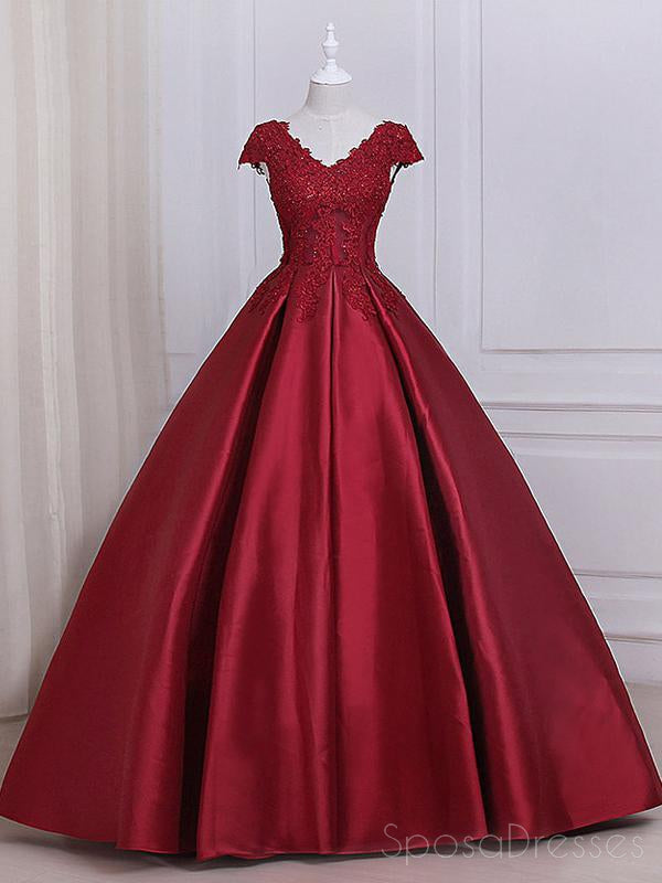 See Through Cap Sleeves Red Lace A line Long Evening Prom Dresses, 17557