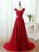 Short Sleeve Scoop Neckline Red Lace Beaded Cheap Long Evening Prom Dresses,17308